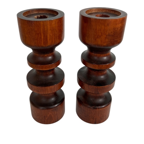 MCM Wooden Turned Candle Holder Pair - Picture 1 of 10